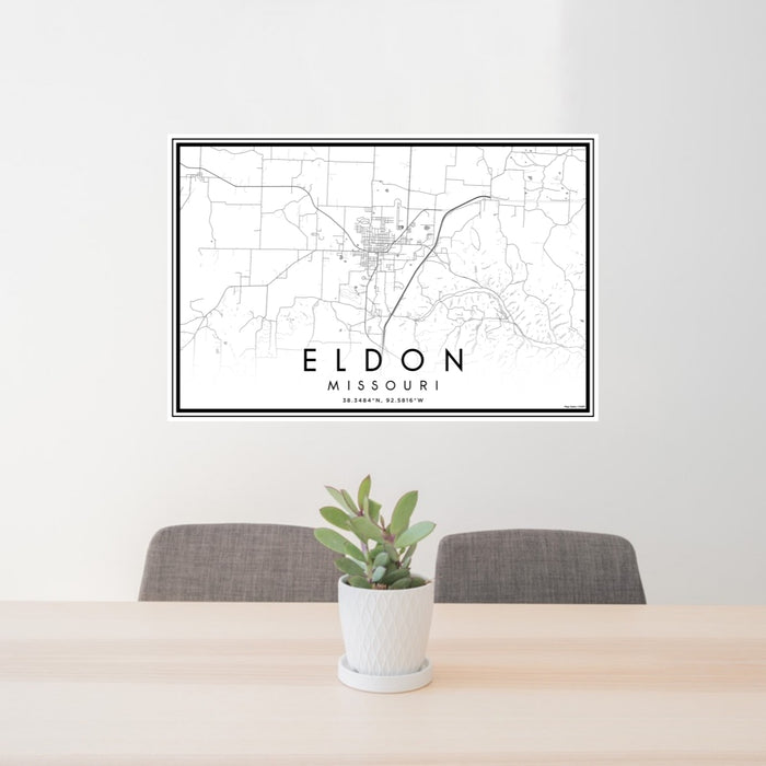 24x36 Eldon Missouri Map Print Lanscape Orientation in Classic Style Behind 2 Chairs Table and Potted Plant