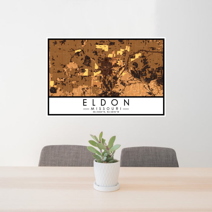 24x36 Eldon Missouri Map Print Lanscape Orientation in Ember Style Behind 2 Chairs Table and Potted Plant