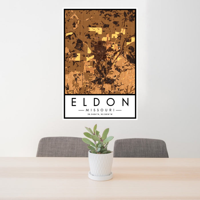 24x36 Eldon Missouri Map Print Portrait Orientation in Ember Style Behind 2 Chairs Table and Potted Plant