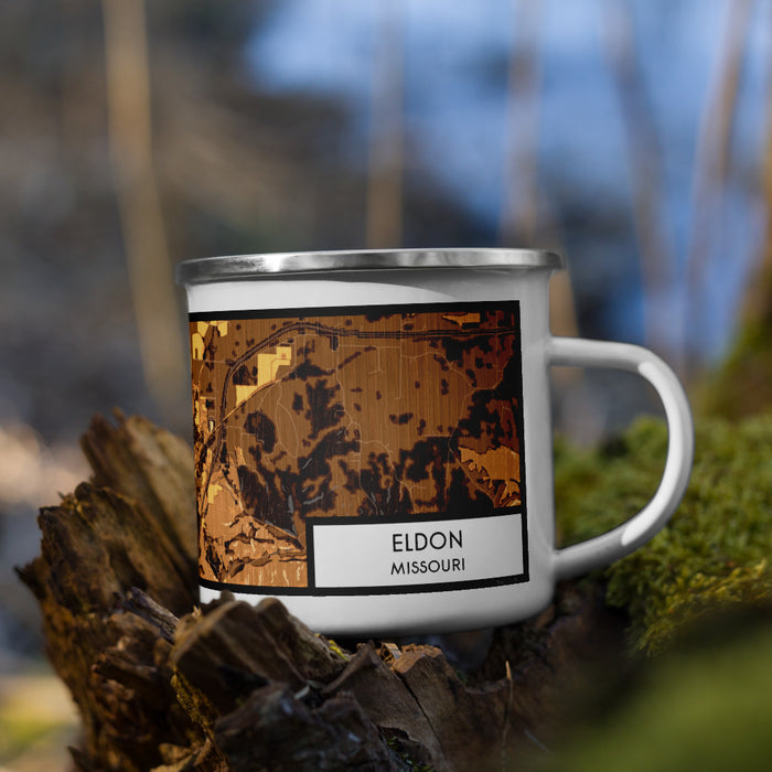 Right View Custom Eldon Missouri Map Enamel Mug in Ember on Grass With Trees in Background