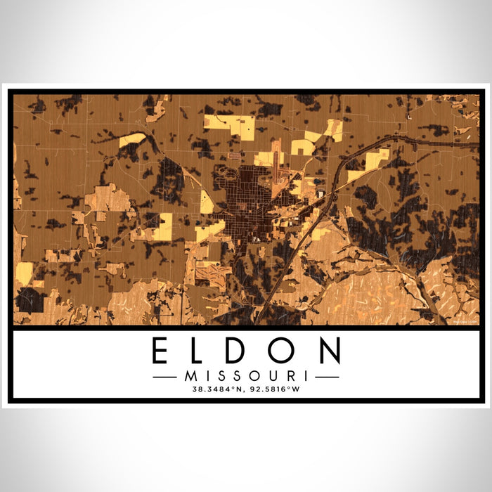 Eldon Missouri Map Print Landscape Orientation in Ember Style With Shaded Background