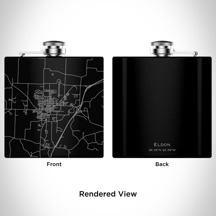Rendered View of Eldon Missouri Map Engraving on 6oz Stainless Steel Flask in Black