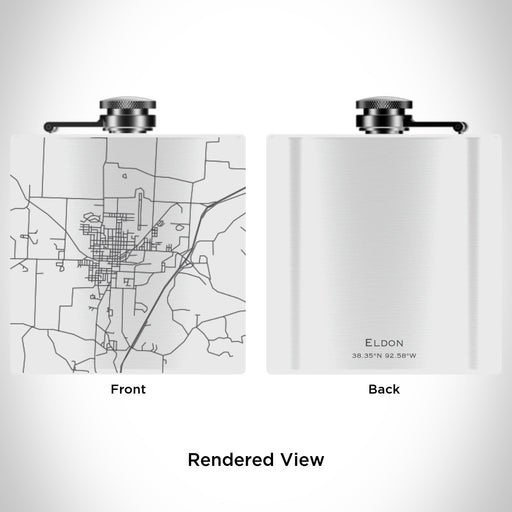 Rendered View of Eldon Missouri Map Engraving on 6oz Stainless Steel Flask in White