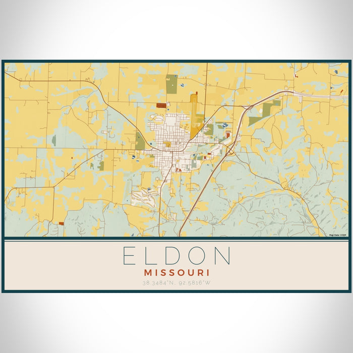 Eldon Missouri Map Print Landscape Orientation in Woodblock Style With Shaded Background