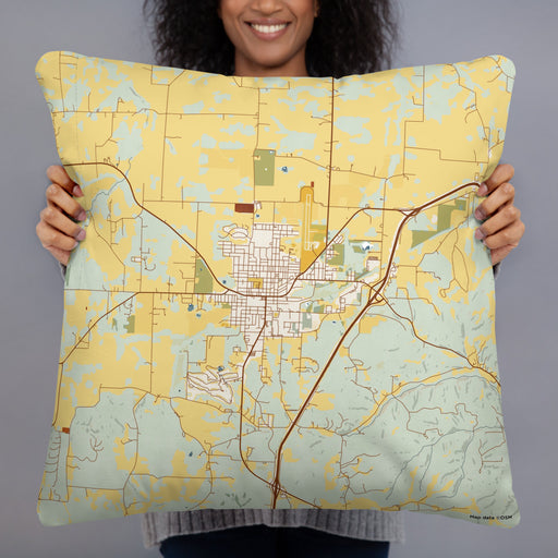 Person holding 22x22 Custom Eldon Missouri Map Throw Pillow in Woodblock