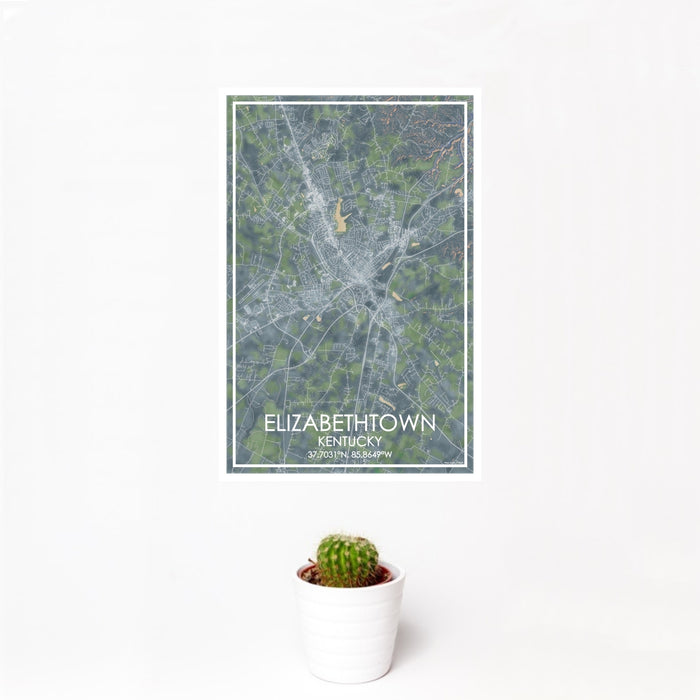 12x18 Elizabethtown Kentucky Map Print Portrait Orientation in Afternoon Style With Small Cactus Plant in White Planter