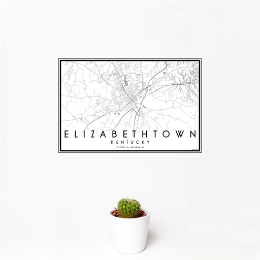 12x18 Elizabethtown Kentucky Map Print Landscape Orientation in Classic Style With Small Cactus Plant in White Planter