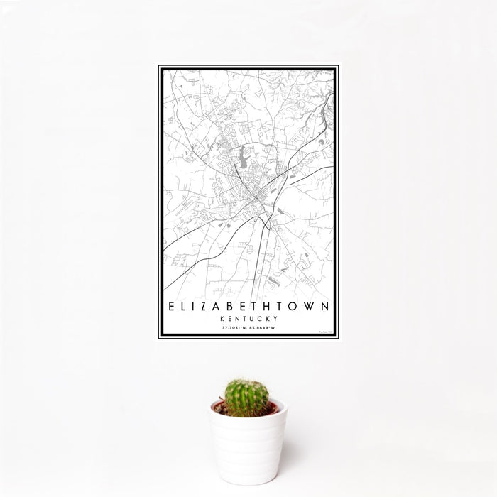 12x18 Elizabethtown Kentucky Map Print Portrait Orientation in Classic Style With Small Cactus Plant in White Planter