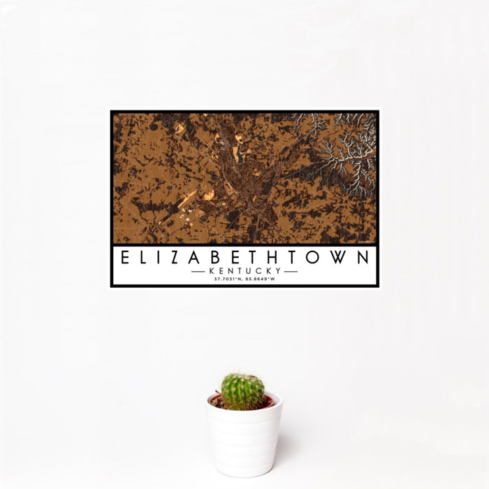 12x18 Elizabethtown Kentucky Map Print Landscape Orientation in Ember Style With Small Cactus Plant in White Planter