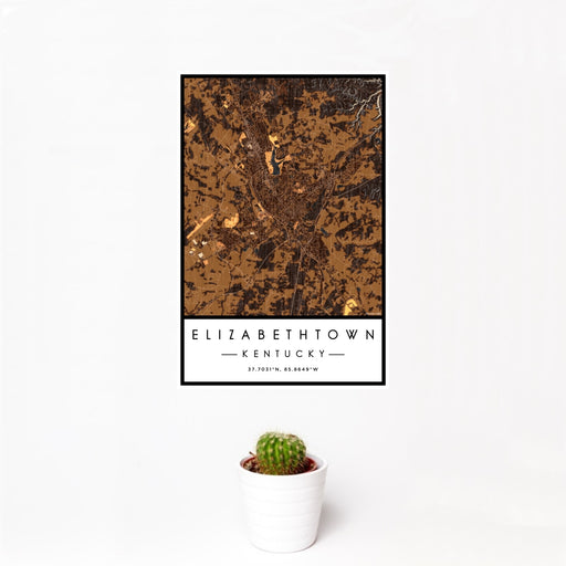 12x18 Elizabethtown Kentucky Map Print Portrait Orientation in Ember Style With Small Cactus Plant in White Planter