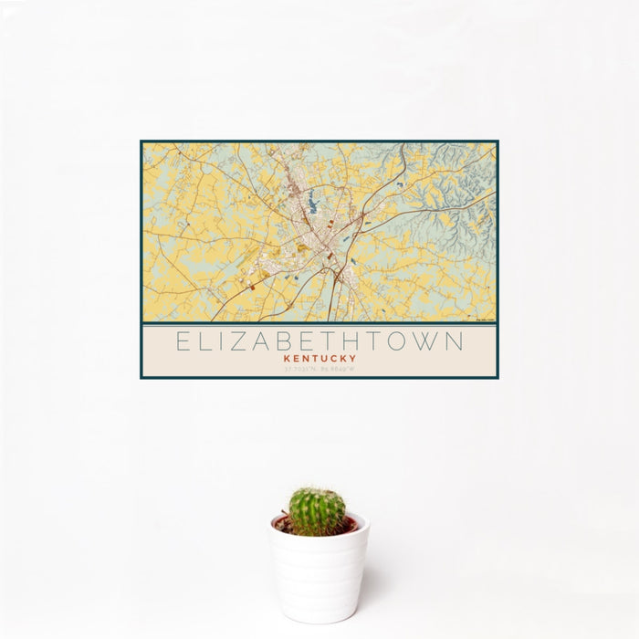 12x18 Elizabethtown Kentucky Map Print Landscape Orientation in Woodblock Style With Small Cactus Plant in White Planter