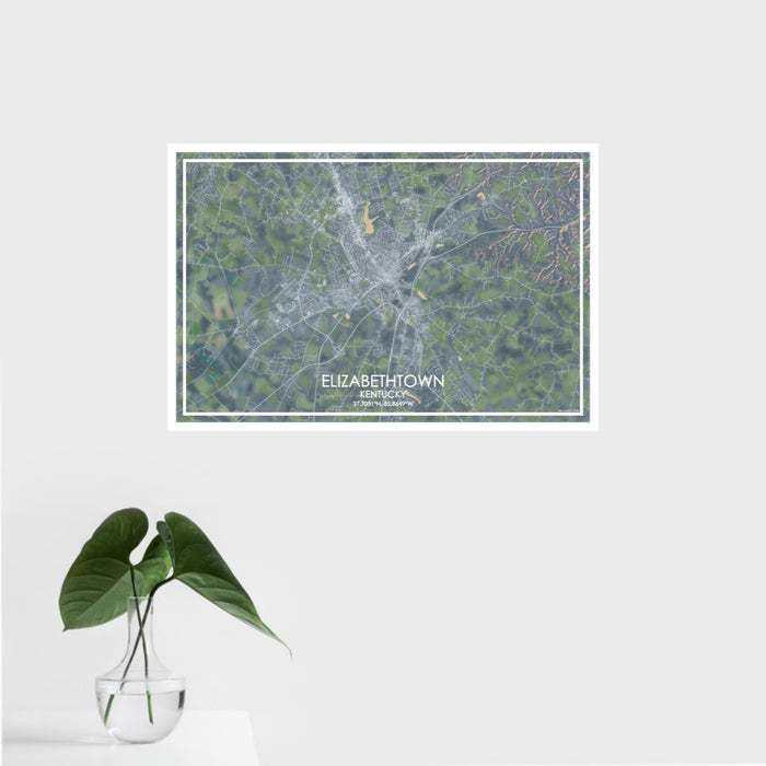 16x24 Elizabethtown Kentucky Map Print Landscape Orientation in Afternoon Style With Tropical Plant Leaves in Water