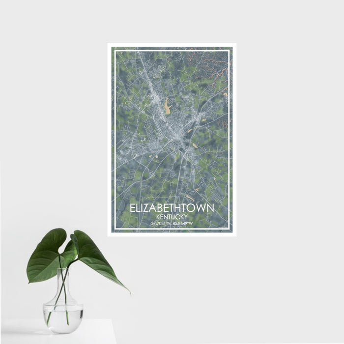 16x24 Elizabethtown Kentucky Map Print Portrait Orientation in Afternoon Style With Tropical Plant Leaves in Water