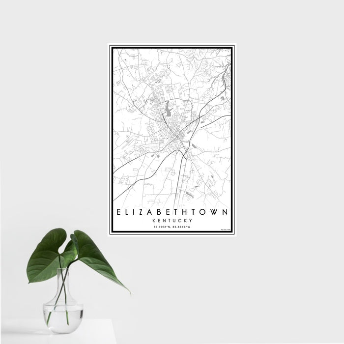 16x24 Elizabethtown Kentucky Map Print Portrait Orientation in Classic Style With Tropical Plant Leaves in Water