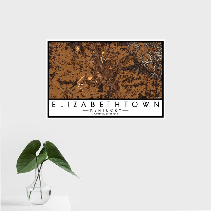 16x24 Elizabethtown Kentucky Map Print Landscape Orientation in Ember Style With Tropical Plant Leaves in Water
