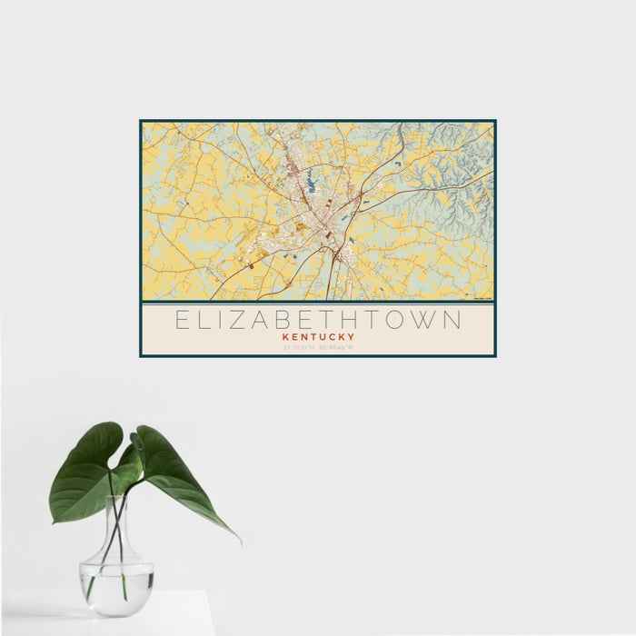 16x24 Elizabethtown Kentucky Map Print Landscape Orientation in Woodblock Style With Tropical Plant Leaves in Water