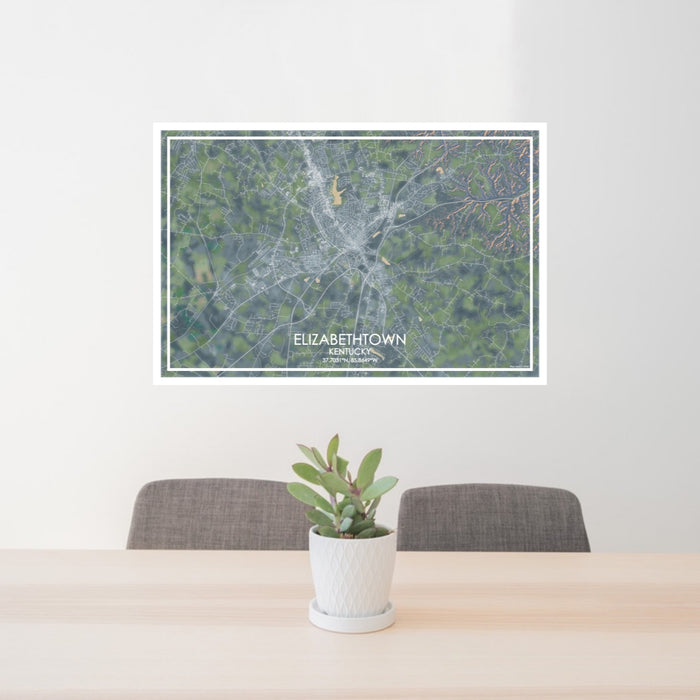24x36 Elizabethtown Kentucky Map Print Lanscape Orientation in Afternoon Style Behind 2 Chairs Table and Potted Plant