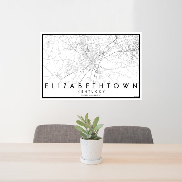 24x36 Elizabethtown Kentucky Map Print Lanscape Orientation in Classic Style Behind 2 Chairs Table and Potted Plant