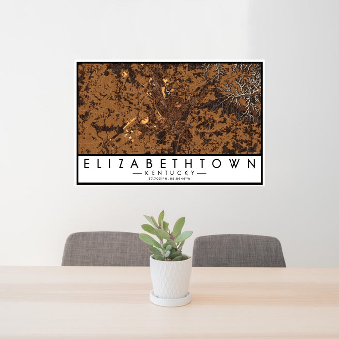 24x36 Elizabethtown Kentucky Map Print Lanscape Orientation in Ember Style Behind 2 Chairs Table and Potted Plant