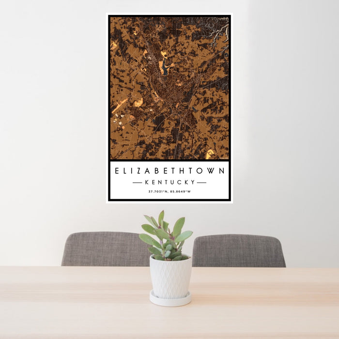 24x36 Elizabethtown Kentucky Map Print Portrait Orientation in Ember Style Behind 2 Chairs Table and Potted Plant