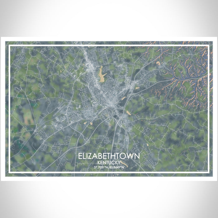 Elizabethtown Kentucky Map Print Landscape Orientation in Afternoon Style With Shaded Background