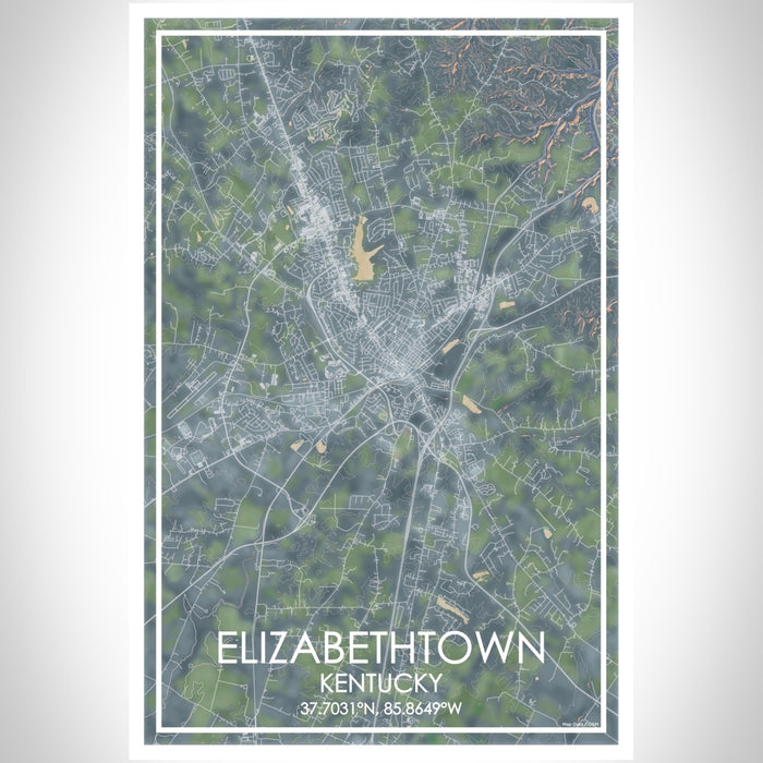 Elizabethtown Kentucky Map Print Portrait Orientation in Afternoon Style With Shaded Background