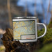 Right View Custom Elizabethtown Kentucky Map Enamel Mug in Woodblock on Grass With Trees in Background