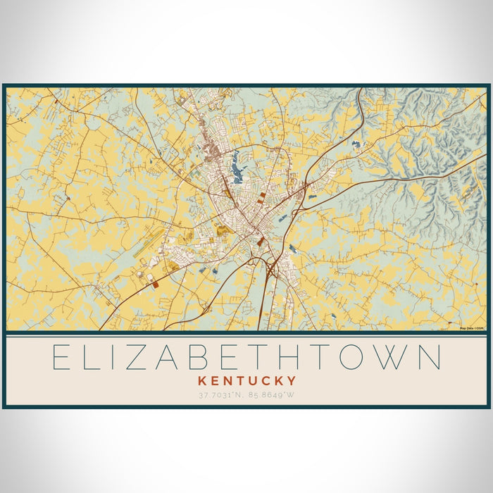 Elizabethtown Kentucky Map Print Landscape Orientation in Woodblock Style With Shaded Background