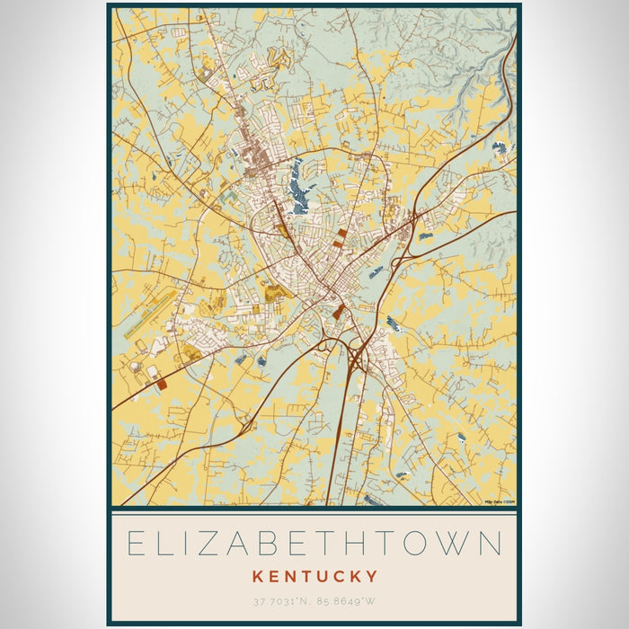 Elizabethtown Kentucky Map Print Portrait Orientation in Woodblock Style With Shaded Background