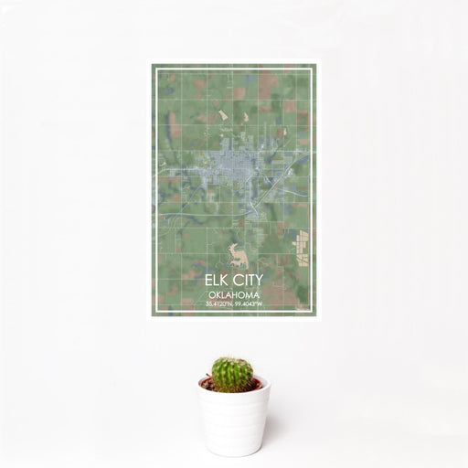 12x18 Elk City Oklahoma Map Print Portrait Orientation in Afternoon Style With Small Cactus Plant in White Planter