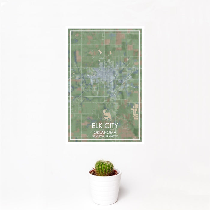 12x18 Elk City Oklahoma Map Print Portrait Orientation in Afternoon Style With Small Cactus Plant in White Planter