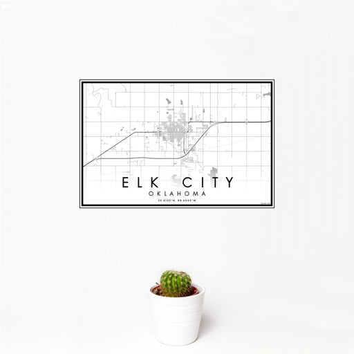 12x18 Elk City Oklahoma Map Print Landscape Orientation in Classic Style With Small Cactus Plant in White Planter