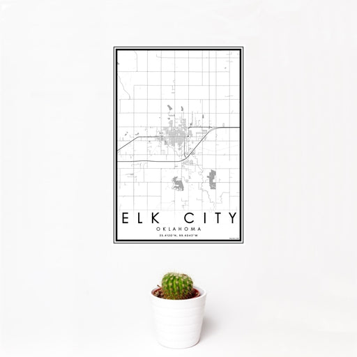 12x18 Elk City Oklahoma Map Print Portrait Orientation in Classic Style With Small Cactus Plant in White Planter