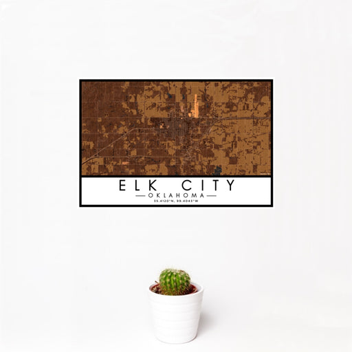 12x18 Elk City Oklahoma Map Print Landscape Orientation in Ember Style With Small Cactus Plant in White Planter