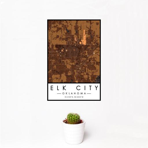 12x18 Elk City Oklahoma Map Print Portrait Orientation in Ember Style With Small Cactus Plant in White Planter