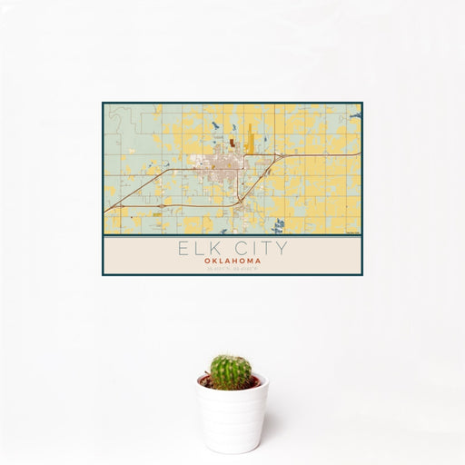 12x18 Elk City Oklahoma Map Print Landscape Orientation in Woodblock Style With Small Cactus Plant in White Planter