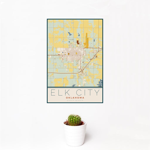 12x18 Elk City Oklahoma Map Print Portrait Orientation in Woodblock Style With Small Cactus Plant in White Planter