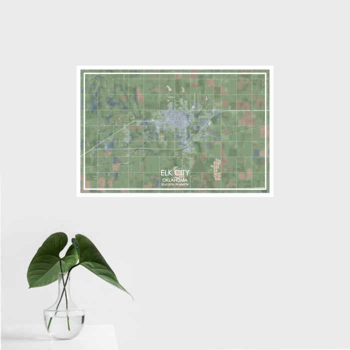 16x24 Elk City Oklahoma Map Print Landscape Orientation in Afternoon Style With Tropical Plant Leaves in Water