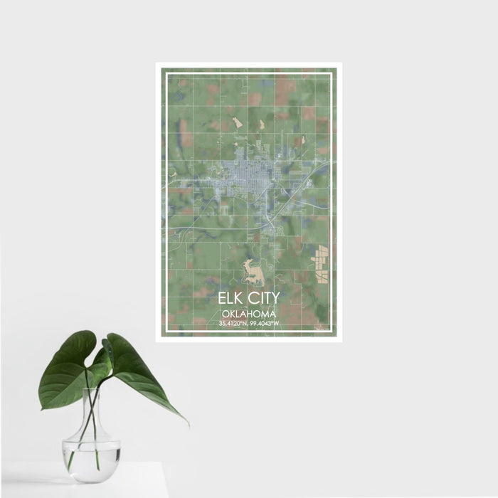 16x24 Elk City Oklahoma Map Print Portrait Orientation in Afternoon Style With Tropical Plant Leaves in Water