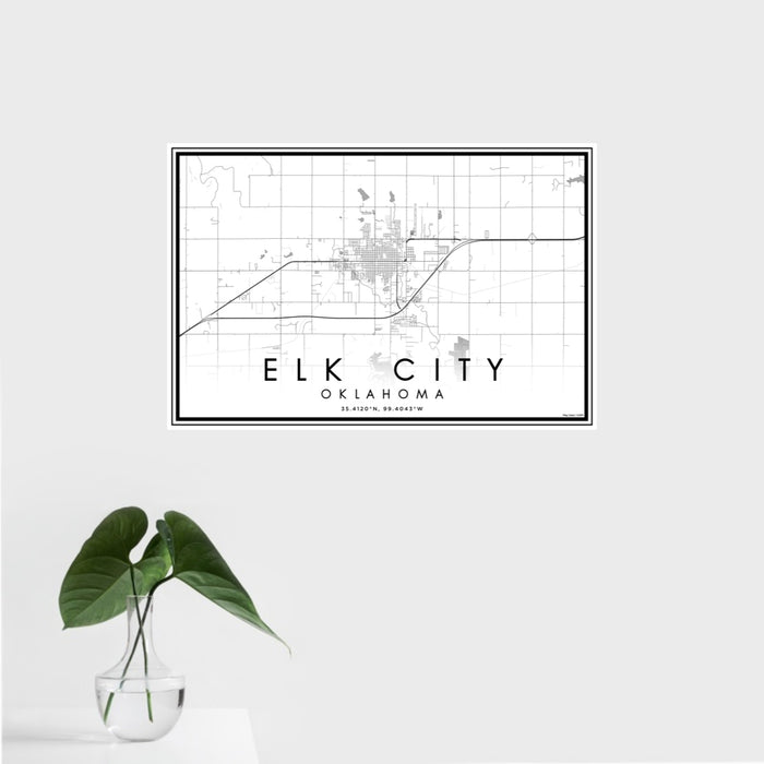 16x24 Elk City Oklahoma Map Print Landscape Orientation in Classic Style With Tropical Plant Leaves in Water