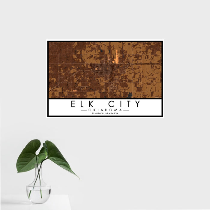 16x24 Elk City Oklahoma Map Print Landscape Orientation in Ember Style With Tropical Plant Leaves in Water