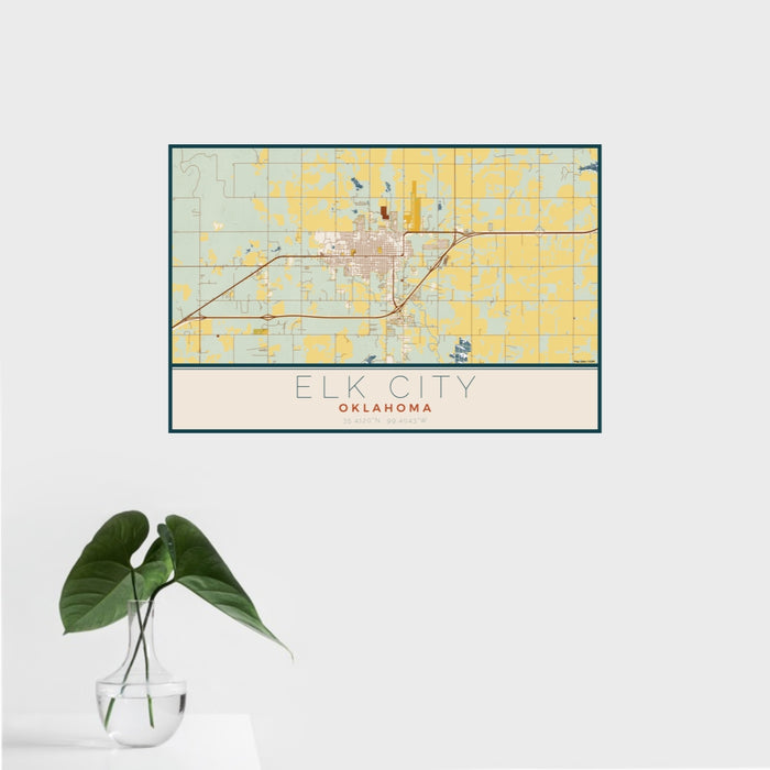 16x24 Elk City Oklahoma Map Print Landscape Orientation in Woodblock Style With Tropical Plant Leaves in Water