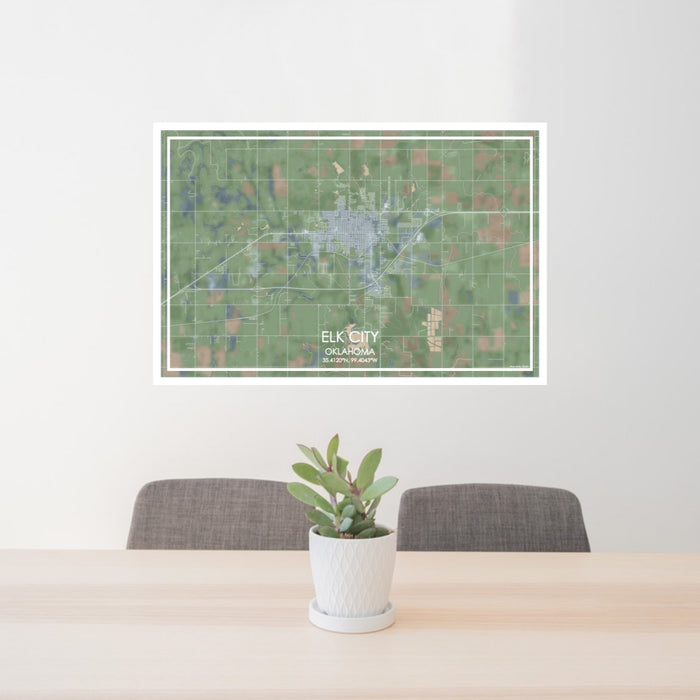 24x36 Elk City Oklahoma Map Print Lanscape Orientation in Afternoon Style Behind 2 Chairs Table and Potted Plant