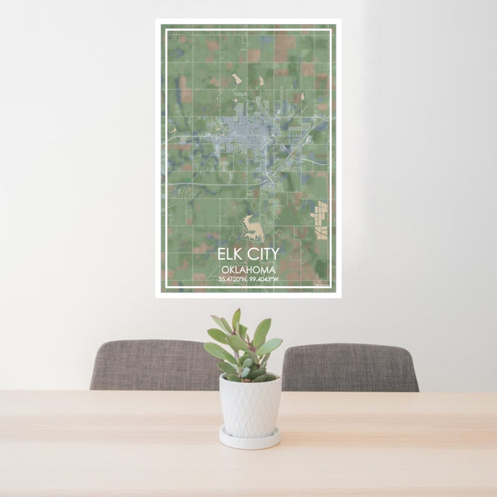 24x36 Elk City Oklahoma Map Print Portrait Orientation in Afternoon Style Behind 2 Chairs Table and Potted Plant