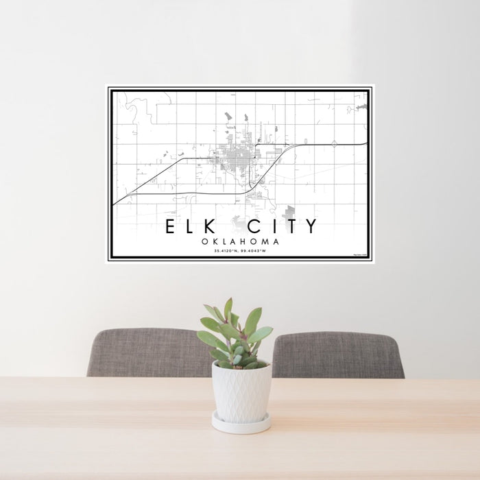 24x36 Elk City Oklahoma Map Print Lanscape Orientation in Classic Style Behind 2 Chairs Table and Potted Plant