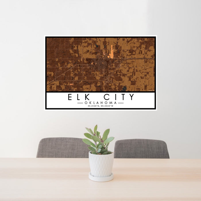 24x36 Elk City Oklahoma Map Print Lanscape Orientation in Ember Style Behind 2 Chairs Table and Potted Plant