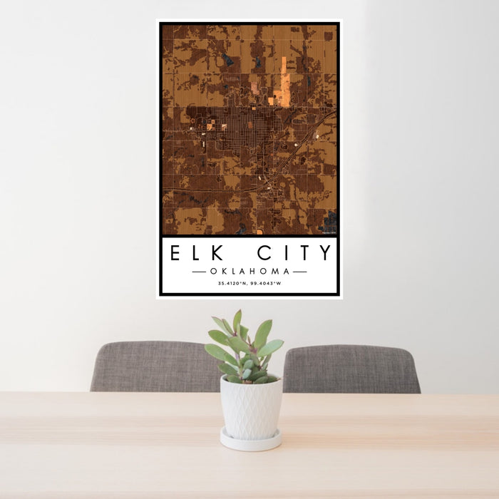 24x36 Elk City Oklahoma Map Print Portrait Orientation in Ember Style Behind 2 Chairs Table and Potted Plant