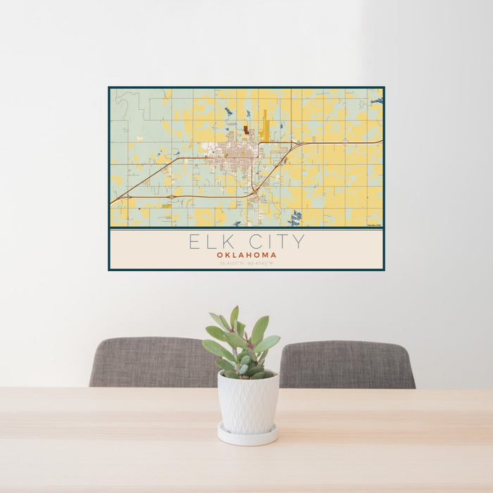 24x36 Elk City Oklahoma Map Print Lanscape Orientation in Woodblock Style Behind 2 Chairs Table and Potted Plant