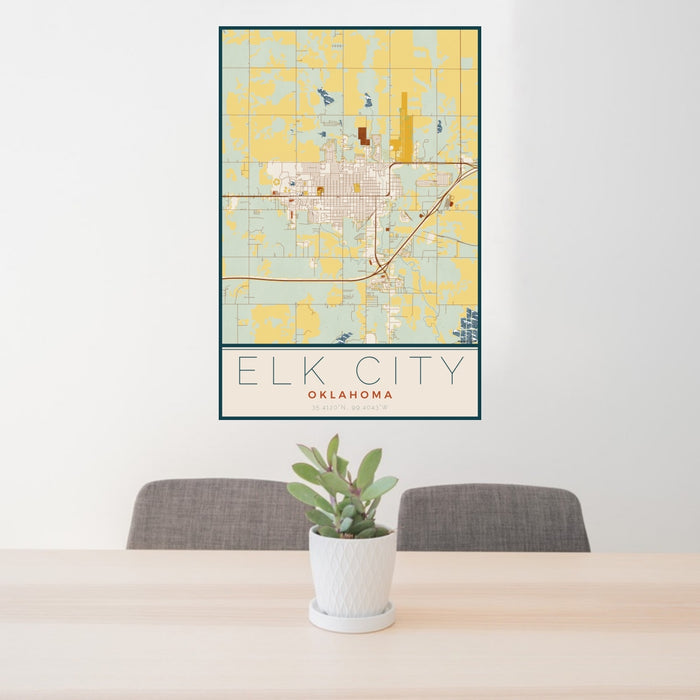 24x36 Elk City Oklahoma Map Print Portrait Orientation in Woodblock Style Behind 2 Chairs Table and Potted Plant