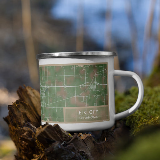Right View Custom Elk City Oklahoma Map Enamel Mug in Afternoon on Grass With Trees in Background